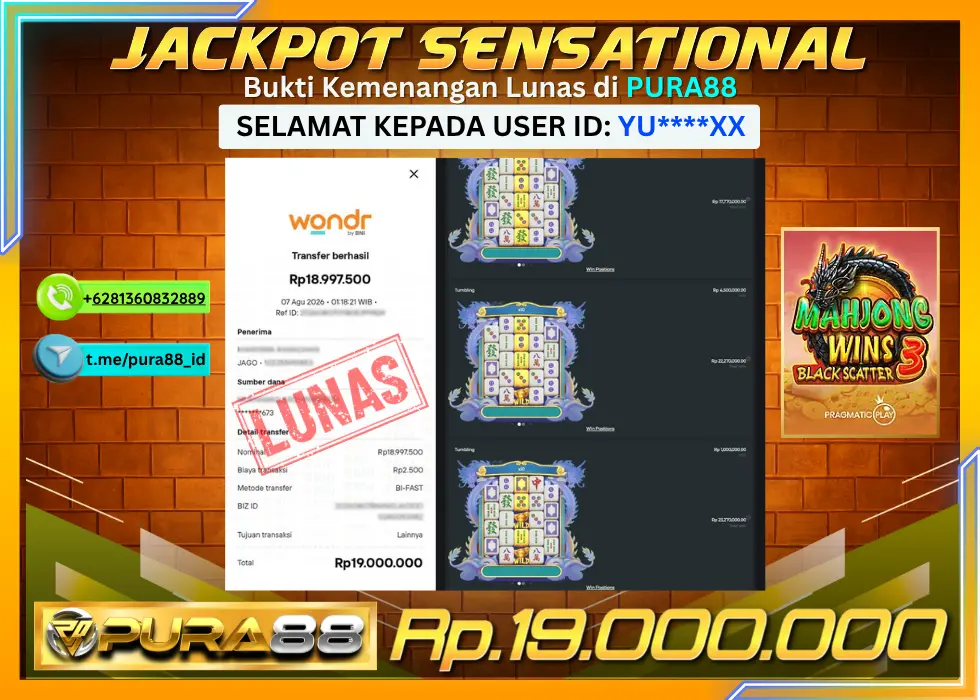 PURA88 JACKPOT MAHJONG WINS 3 BLACK SCATTER Rp 19.000.000,- LUNAS